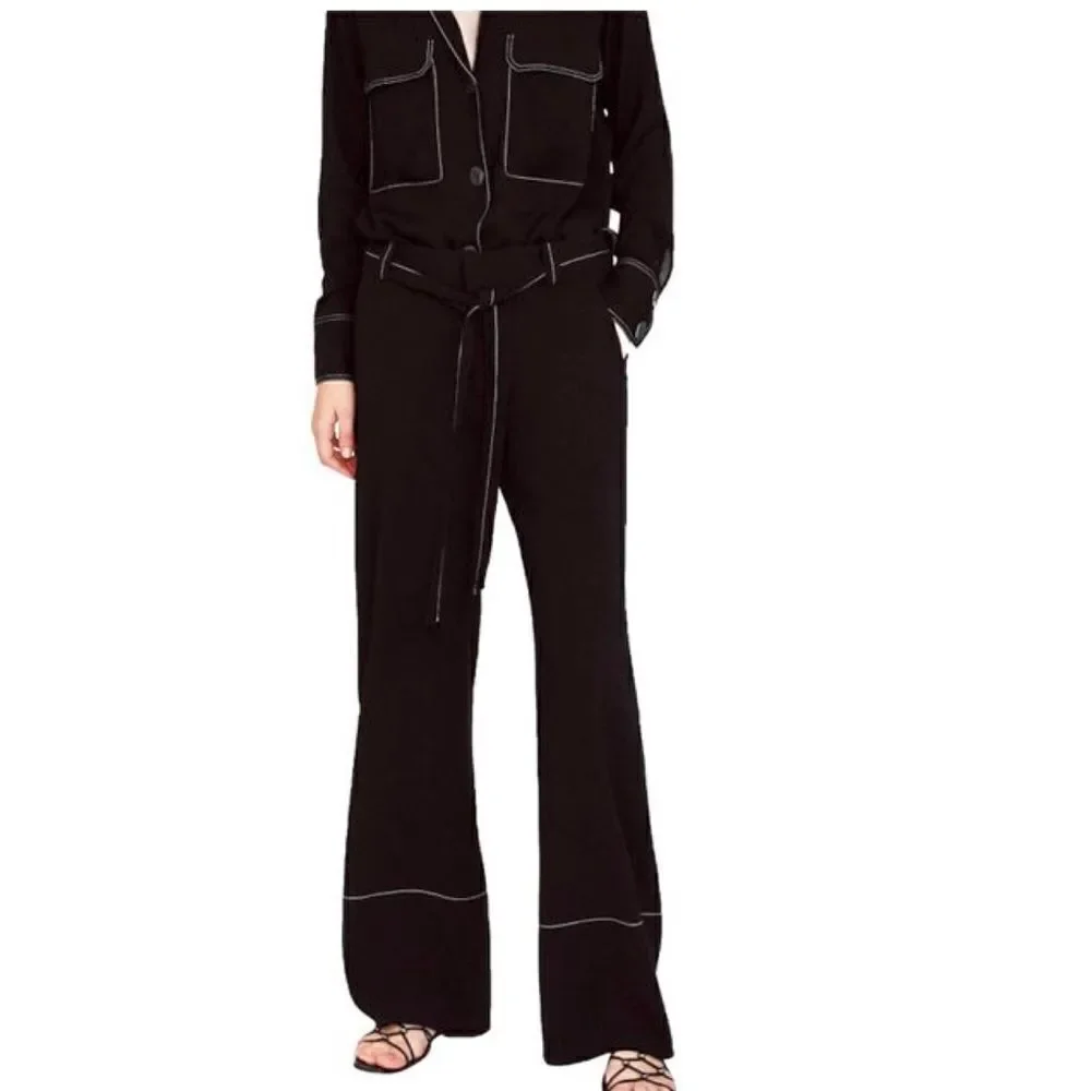 Zara Wide Leg Contrasting Top Stitch Pants Trouser BNWT - Picture 2 of 6
